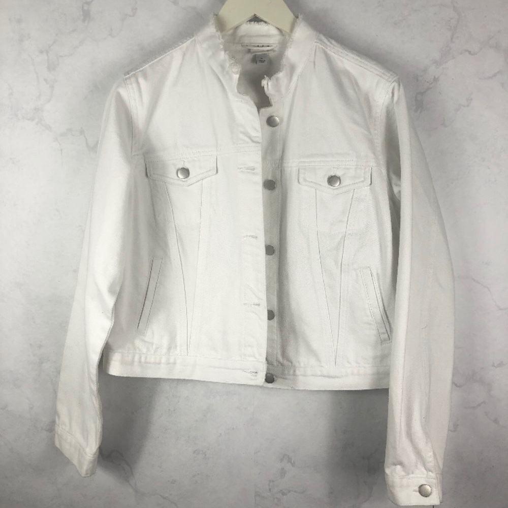 Frayed Cropped White Denim Jacket
